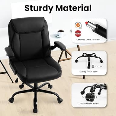 NEO CHAIR Office Desk Computer Chair Ergonomic Executive Mid-Back Leather Gaming Chair with Adjustable Flip-Up Armrests Wheels Swivel for Home Study Task (Jet Black) - Image 8