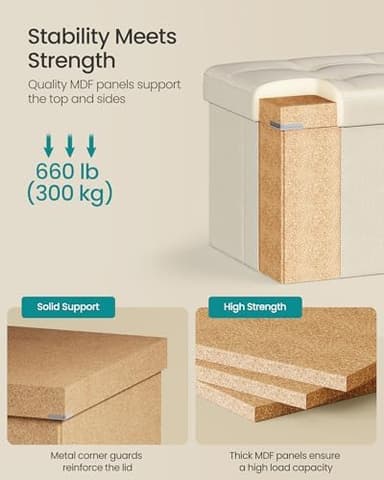 SONGMICS MAZIE Collection - 43 Inches Folding Storage Ottoman Bench, Ottoman Foot Rest, End of Bed Bench, Storage Chest, Load 660 lb, for Living Room, Bedroom, Entryway, Cream White ULSF77BE - Image 3