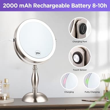 20x Magnifying Mirror with Light, Lighted Makeup Mirror with 3 Color Modes and Adjustable Brightness, Side Charging Port & SideTouch Sensor, 360° Rotation Double Sided Standing Mirror-Brushed Nickel - Image 7