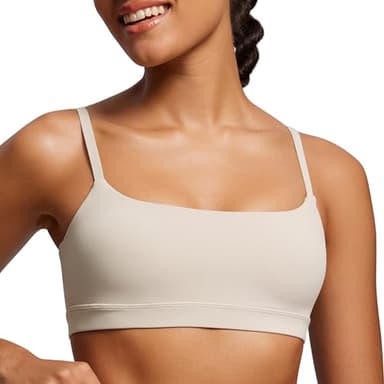 CRZ YOGA Womens Butterluxe Adjustable Spaghetti Strap Sports Bra - Scoop Neck Wireless Padded Yoga Workout Crop Top Mojave Tan Medium - Image 1