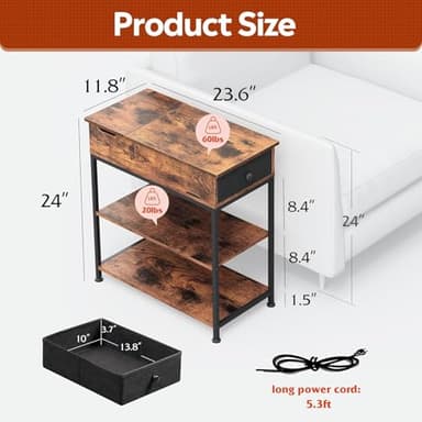 WLIVE Narrow Side Table with Charging Station, End Table for Living Room, Couch Side Table with Fabric Drawer for Bedroon, 11.8‘’W 23.6‘’L 24‘’H, Rustic Brown - Image 3