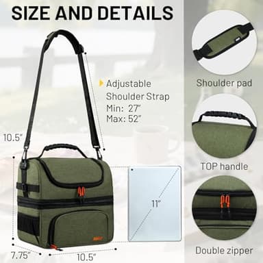MIER Dual Compartment Lunch Bag Tote with Shoulder Strap for Men and Women Insulated Leakproof Cooler Bag, Army Green - Image 4