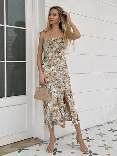 UTNISAN Wedding Guest Dress for Women Spaghetti Strap Satin Slip Cocktail Formal Midi Evening Party Dresses (XS, Green Floral - Image 2
