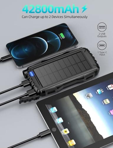 Power-Bank-Solar-Charger - 42800mAh Portable Charger,Solar Power Bank,External Battery Pack 5V3.1A Qc 3.0 Fast Charger Built-in Super Bright Flashlight (Deep Black) - Image 2
