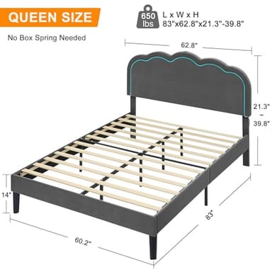 VECELO Upholstered Queen Size Bed Frame with Headboard Adjustable, LED Lights, USB-A & Type-C, Velvet Platform Bed Noise Free, Mattress Foundation with Wooden Slats, No Box Spring Needed, Dark Grey - Image 2