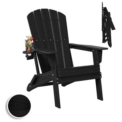 Plawdlik Folding Adirondack Chair, SGS Tested, Wooden Textured with Cup Holder, Heavy All-Weather HDPE Comfortable Set Poolside Backyard Lawn Black - Image 1