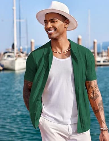 COOFANDY Men's Knit Button Down Shirts Vintage Short Sleeve Polo Shirt Fashion Casual Summer Beach Shirts Green - Image 4