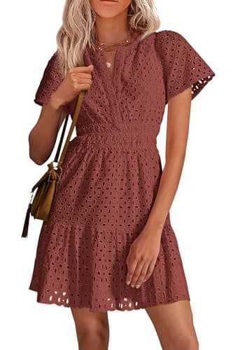PRETTYGARDEN Womens 2025 Summer Short Dress V Neck Short Sleeve A Line Hollow Out Lace Ruffle Cute Casual Beach Party Dresses (Brown Red,Medium) - Image 1