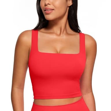CRZ YOGA Butterluxe Womens Square Neck Longline Sports Bra - Workout Crop Tank Tops Padded Yoga Camisole with Built in Pads Deep Red Small - Image 1