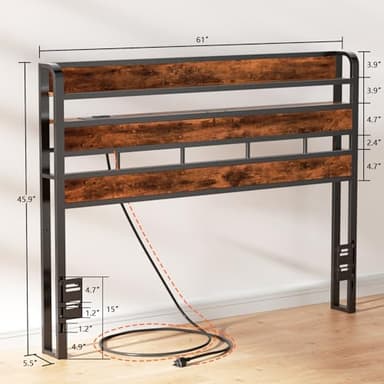 Furnulem Headboard for Queen Size Bed with Storage, LED Light Head Boards with Outlets & USB Ports, Height Adjustable Headboards for Dorm Bedroom, Sturdy Stable Cabeceras de Cama Rustic Brown - Image 3