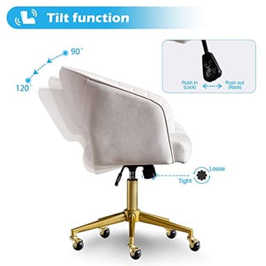 Home Office Chair Swivel Velvet Desk Chair Accent Armchair Upholstered Modern Tufted Chairs with Gold Base for Girls Women Ergonomic Study Seat Computer Task Stools for Living Room(Cream) - Image 5