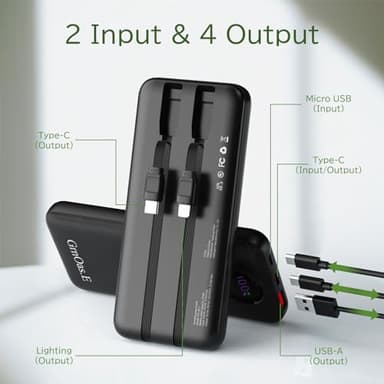 GrnOas.E Power Bank,10000mAh 22.5W Max Portable Charger Built in Cables，4 Outputs 2 Inputs External Phone Powerbank,5V/3A Fast Charging Travel Charger for iPhone Android iPad,(Pearl Black) - Image 2