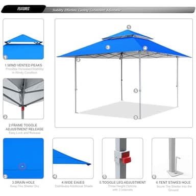 ABCCANOPY 13x13 Pop Up Canopy Base on 10x10 Canopy Frame with Double Ventilated Top, 4 Sandbags, 4 Ropes and 8 Stakes (Blue) - Image 4