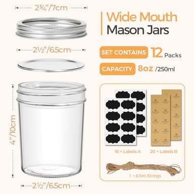 ComSaf Small Mason Jars 8 oz - 12 Pack, Regular Mouth Mason Jar with Lids and Seal Bands, Small Glass Canning Jar for Spice, Jam, Honey, Jelly, Dessert, Shower Wedding Favors, DIY Candles Decor - Image 2