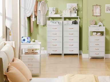 Furnulem 5 Drawers Dresser with Charging Station, Tall Night Stand with Open Shelf, Storage Tower with PVC & Fabric Drawer, Bedside Table for Bedroom, Closet, Entryway, 3 Ways to Use, White - Image 5