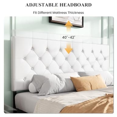 SHA CERLIN Upholstered King Size Platform Bed Frame with 4 Storage Drawers, Adjustable Headboard with Diamond Stitched Button Tufted Design, Wooden Slat Support, No Box Spring Needed, White - Image 4