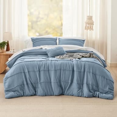 Bedsure Twin Comforter Set - 3 Pieces Pinch Pleat Bed Set, Light Blue Boho Bedding for All Season, 1 Soft Comforter, 1 Pillowcase, 1 Decorative Pillow - Image 7