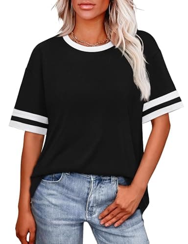 WIHOLL Womens Tops Plus Size Color Block Short Sleeve Black Summer Tops Fashion Oversized T Shirts Resort Wear for Women Spring School Outfits for Teachers Women 2025 2XL - Image 2