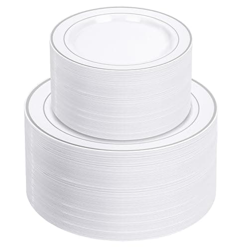 NOCCUR 200PCS Silver Plastic Plates Disposable for 100 Guests - Include 100 Dinner / 100 Dessert Plates Heavy Duty - Ideal for Party&Wedding - Image 1