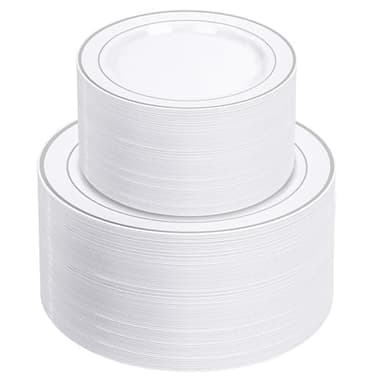 NOCCUR 200PCS Silver Plastic Plates Disposable for 100 Guests - Include 100 Dinner / 100 Dessert Plates Heavy Duty - Ideal for Party&Wedding - Image 1