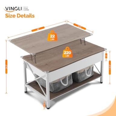 VINGLI 36" Lift Top Coffee Table with Free Cloth Storage Bins, White Walnut Framhouse Coffee Tables for Living Room, Small Modern Coffee Table for Small Space in Minimalistic Style, Dark Walnut - Image 2