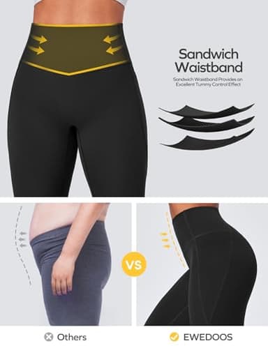 Ewedoos Compression Leggings with Pockets for Women Tummy Control Leggings No Front Seam Workout High Waisted Yoga Pants Gym Black - Image 3