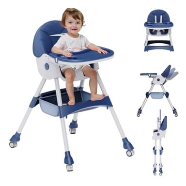 High Chairs for Babies and Toddlers, 4 in 1 Convertible Baby High Chair, Portable High Chair for Travel with Adjustable Height and Back, Foldable HighChair with Wheels& Pu Cushion - Image 1
