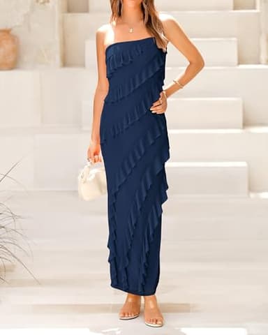 BTFBM Women Summer Elegant Strapless Midi Ruched Bodycon Dress Solid Color Stretch Mesh Slim Party Cocktail Dresses - Image 4