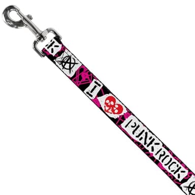 Dog Leash I Heart Punk Rock Safety Pins Black Fuchsia White 4 Feet Long 0.5 Inch Wide - Image 2