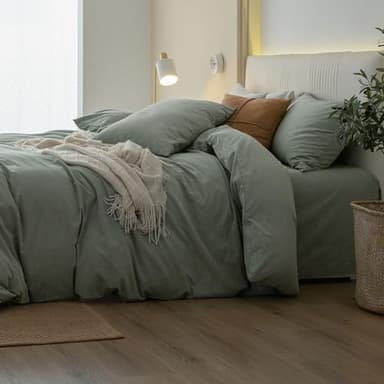 JIYUAN 100% Washed Cotton Duvet Cover Set 3 Pieces King, 1 Duvet Cover 104x90 Inches(Comforter Not Included) and 2 Pillowcases,Linen Feel Bedding Set Comfy and Breathable, Heathered Green - Image 3