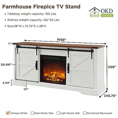 OKD Farmhouse Electric TV Stand for 65+ Inch TV, Rustic Entertainment Center with 18" Fireplace, Sliding Barn Door, Storage Shelves, Wood Media Console Cabinet for Living Room, Antique White - Image 7