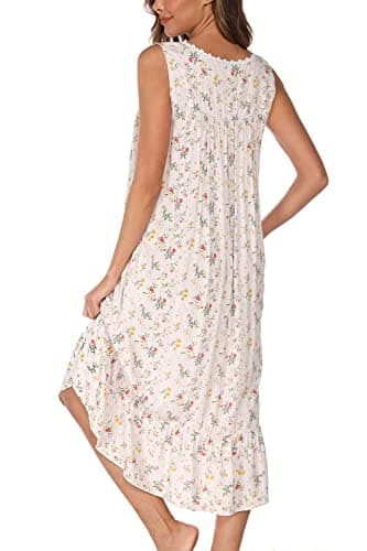 AVIIER Cotton Nightgowns for Women Sleeveless House Dress Ladies Long Nightdress with Pockets (White flowers, Small)… - Image 5