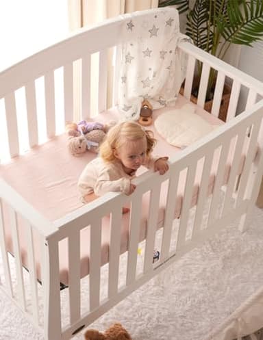 Momcozy Muslin Fitted Mini Crib Sheets, 38"x26", 2 Pack Soft Breathable Natural Cotton Baby Mattress Sheet, 360° Mattress Wrapping No Slip Boys Girls Neutral Toddler Bed Sheet, Beige Blush - Image 7