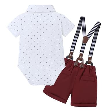 ZOEREA Baby Boy Clothes Suit Infant Short Sleeve Gentleman Outfits Dress Shirt+Bowtie+Suspender Shorts Wine Red 0-18M - Image 3