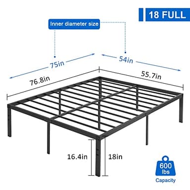 VECELO 18" Full Size Metal Platform Tall Bed Frame,Heavy Duty Steel Slat/Easy Assembly Mattress Foundation/No Box Spring Needed - Image 3
