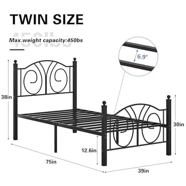 VECELO Twin Size Metal Platform Bed Frame with headboard and Footboard, Heavy Duty Mattress Foundation, Steel Slat Support, No Box Spring Needed, Easy Assembly, Matte Black - Image 2