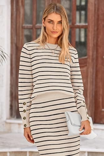 PRETTYGARDEN 2 Piece Skirts Sets For Women Fall Fashion 2025 Striped Sweater Dress Knit Lounge Travel Outfits Winter Clothing (Apricot Stripe,Small) - Image 7