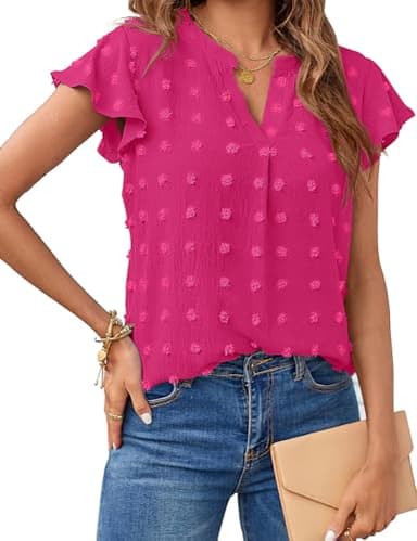 MEROKEETY Women V Neck Flowy Short Sleeve Swiss Dot Blouse Business Casual Loose Shirt Top HotPink Medium - Image 1