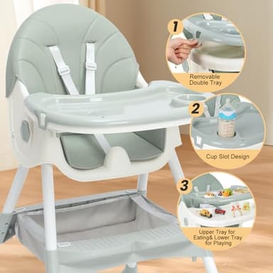3-in1 Highchair, High Chairs for Babies and Toddlers,Convertible High Chair, Light Weight Portable High Chair, Adjustable Height and Movable Double Tray - Image 5