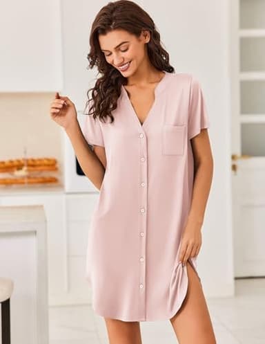 Ekouaer Sleepwear V Neck Sleep Shirts Short Gowns Breastfeeding Nightgown Button Down Sleepdress Light Pink - Image 2