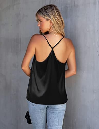 Ekouaer Silk Tank Top for Women Mesh V Neck Satin Camisole Silky Sleeveless Tank Cami Shirt Black - Image 2