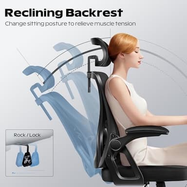 Ergonomic Office Chair, Home Office Desk Chair with Headrest, High Back Mesh Chair with Flip-up Armrests, Comfy Desk Chair with Lumbar Support, Rolling Swivel Task Computer Chair for Home Office - Image 5