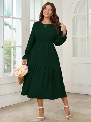 SHESTARR Women's Plus Size Dress Long Sleeve Crewneck Smocked Tiered Flowy Boho Wedding Party Maxi Dresses Emerald Green - Image 2