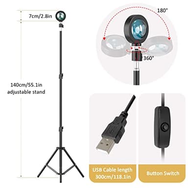 Balkwan Sunset Floor Lamp Projection 140cm Adjustable Stand Led Night Light 360 Degree Rotation Network Light with 3M USB Cable Floor Light for Living Room Bedroom - Image 4