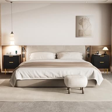 HQZX Black Nightstand Set of 2 with Charging Station, Fluted Nightstand with Drawers, Modern Bedside Table with Gold Legs, End Table for Bedroom - Image 8