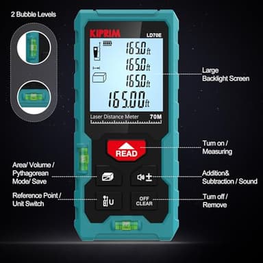 Kiprim Laser Distance Measure High Accuracy 229ft LD70E Laser Tape Measure 70M Compact Laser Measurement Tool with Larger Backlit LCD Display,ft/m/in Switching,Bubble Level - Image 7