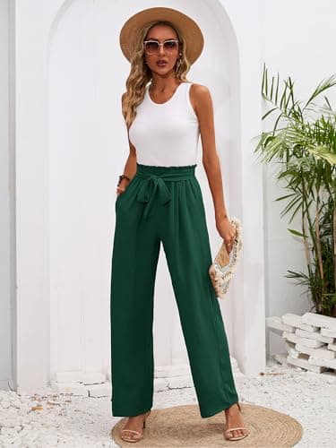 Heymoments Women's Wide Leg Lounge Pants with Pockets Dark Green Small Lightweight High Waisted Adjustable Tie Knot Loose Comfy Casual Trousers - Image 5