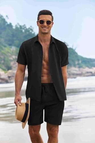 COOFANDY Mens Summer Set 2 Piece Linen Outfit for Men Short Sets, Black, Large - Image 2
