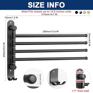 NearMoon Swivel Towel Rack, 13.8" Thicken 304 Stainless Steel 4-Arm Towel Bar, Space Saving Wall Mounted Towel Holder with Hook, Rustproof Swing Out Towel Hanger for Bathroom, Kitchen (Matte Black) - Image 2
