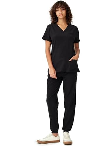 floralhue Scrubs for Women, V-Neck Scrubs Top & Cargo Pants, Scrubs Set with 10 Pockets, Yoga Waistband, 4 Way Stretch, Black, M - Image 7
